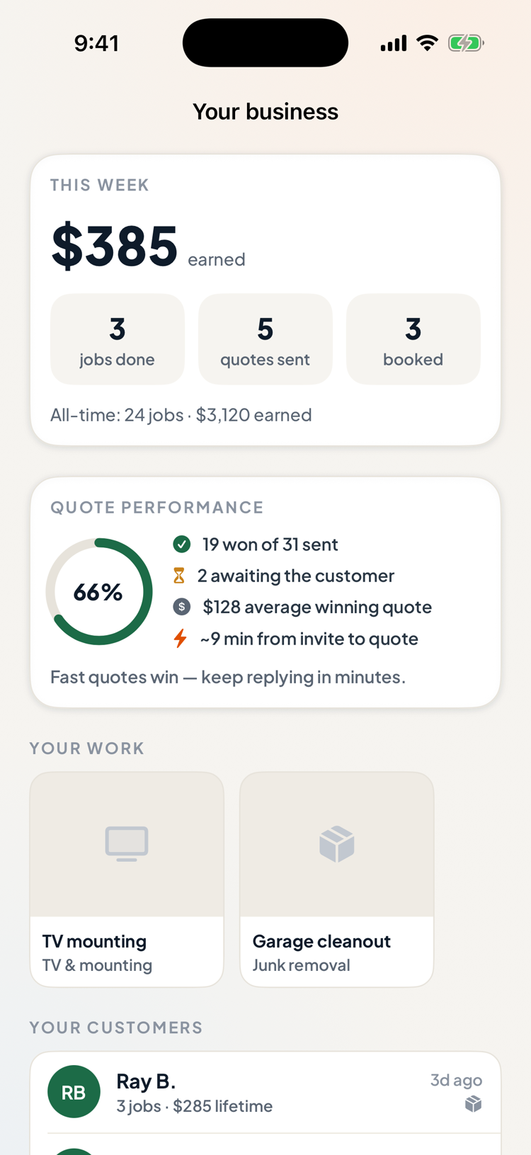 The pro business hub: weekly earnings, quote win rate, portfolio and customer book