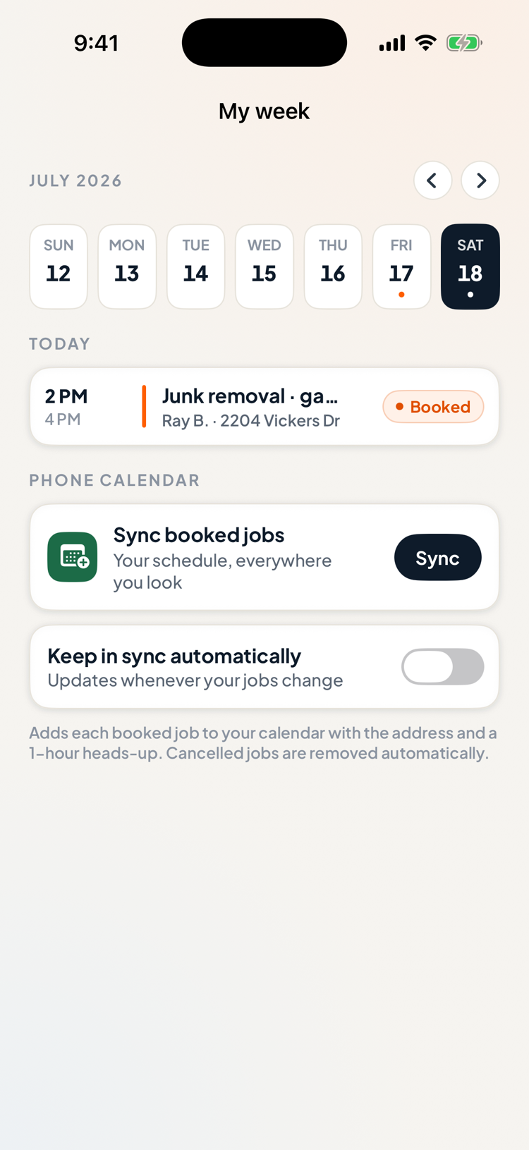 My Week: a pro's weekly schedule with booked jobs and one-tap sync to their phone calendar