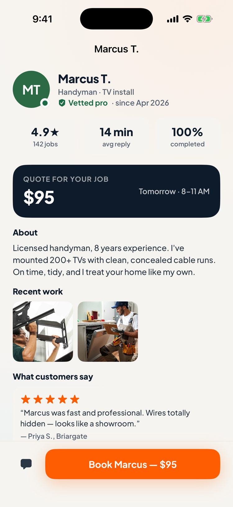 A pro's profile with rating, response time, work photos, customer reviews, and a $95 quote ready to book