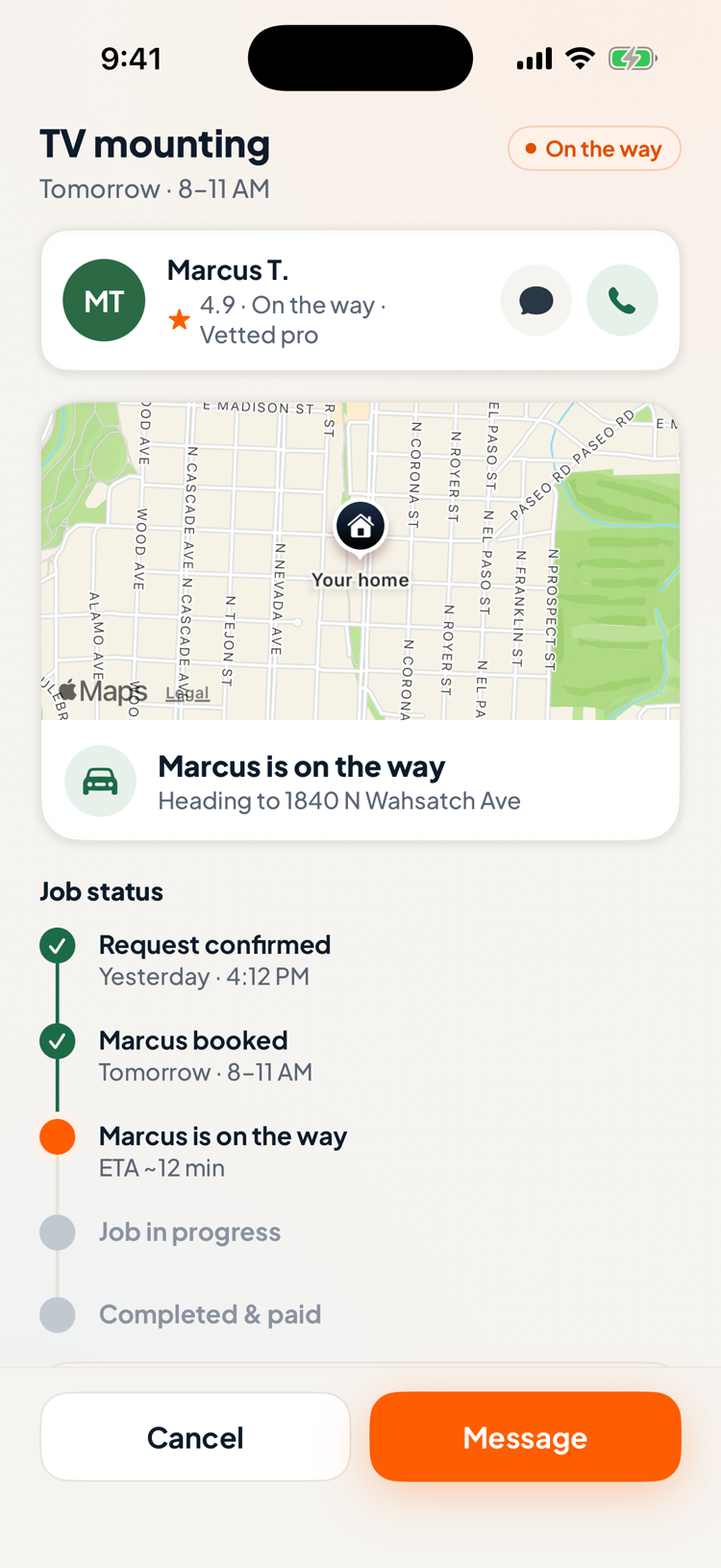 Live tracking screen with a map, the pro en route with an ETA, and a job status timeline